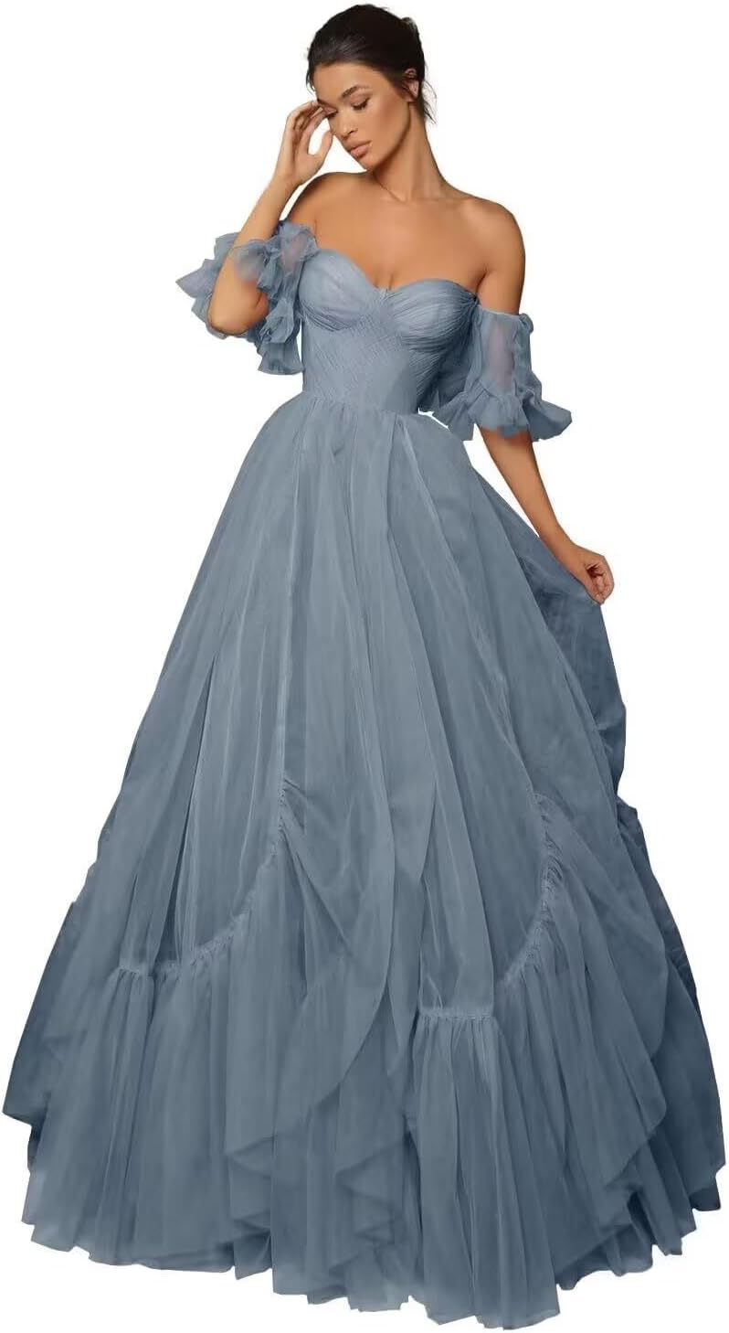 A-line Ruffled Short Sleeve Tulle Prom Dress for Women, Sweetheart Formal Gown Off The Shoulder Long Party Dress