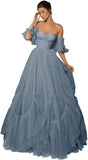 A-line Ruffled Short Sleeve Tulle Prom Dress for Women, Sweetheart Formal Gown Off The Shoulder Long Party Dress