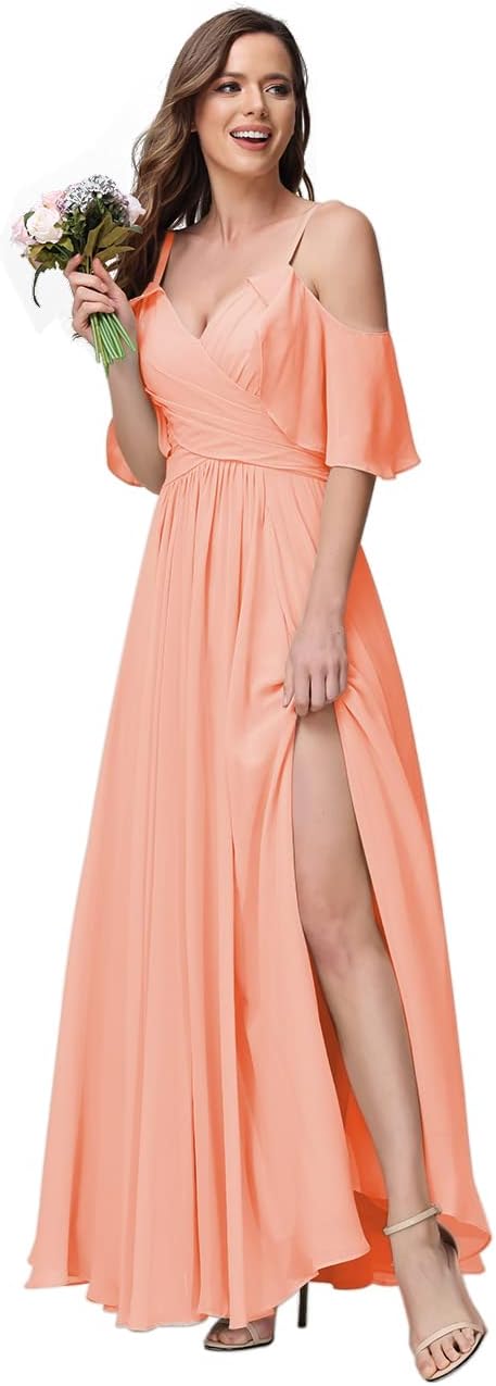 Women's Long Spaghetti Straps Bridesmaid Dress with Slit Off Shoulder Chiffon Formal Party Gowns