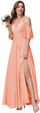 Women's Long Spaghetti Straps Bridesmaid Dress with Slit Off Shoulder Chiffon Formal Party Gowns
