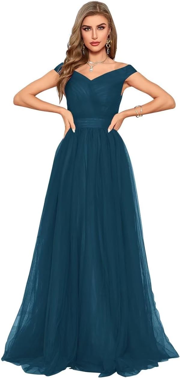 Schulterfreies Ballkleid, langes Ballkleid für Damen, A-Linie, Herzausschnitt, mehrlagiges Tüllkleid für Hochzeit, Abendparty 