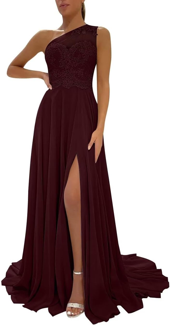 One Shoulder Chiffon Bridesmaid Dresses for Wedding 2026 Lace A-Line Slit Formal Evening Party Gown with Pockets