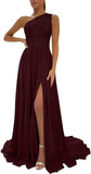 One Shoulder Chiffon Bridesmaid Dresses for Wedding 2026 Lace A-Line Slit Formal Evening Party Gown with Pockets
