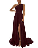 One Shoulder Chiffon Bridesmaid Dresses for Wedding 2026 Lace A-Line Slit Formal Evening Party Gown with Pockets