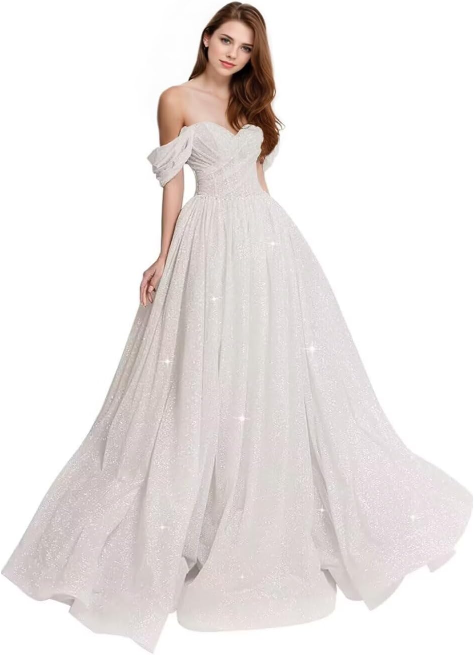 Sparkly Tulle Prom Dress 2026 Off The Shoulder Formal Dresses for Women Glitter A Line Long Ball Gown