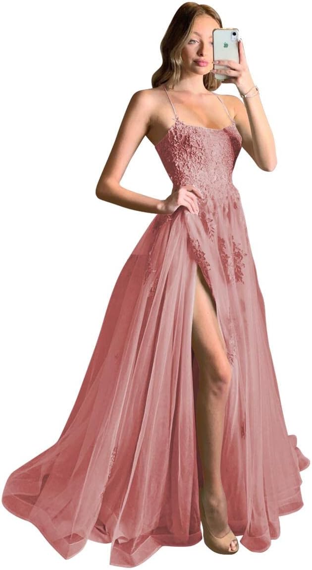 Women's Lace Criss-Cross Prom Dresses with Slit Spaghetti Straps Long Formal Evening Gowns