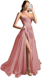 Women's Lace Criss-Cross Prom Dresses with Slit Spaghetti Straps Long Formal Evening Gowns