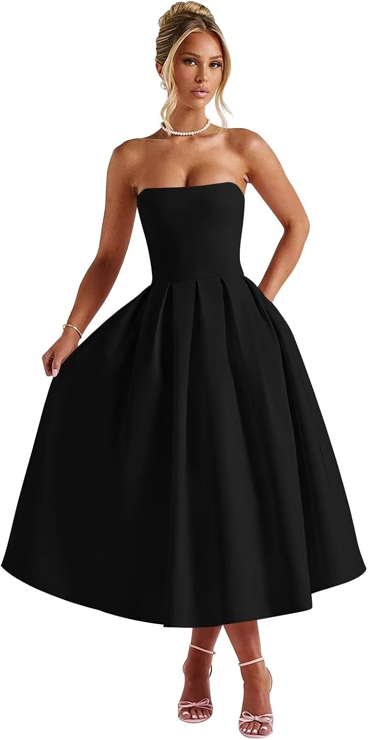 Strapless Satin Tea Length Prom Dresses for Women 2027 A-Line Corset Backless Cocktail Bridesmaid Dress with Pocket