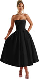 Strapless Satin Tea Length Prom Dresses for Women 2027 A-Line Corset Backless Cocktail Bridesmaid Dress with Pocket
