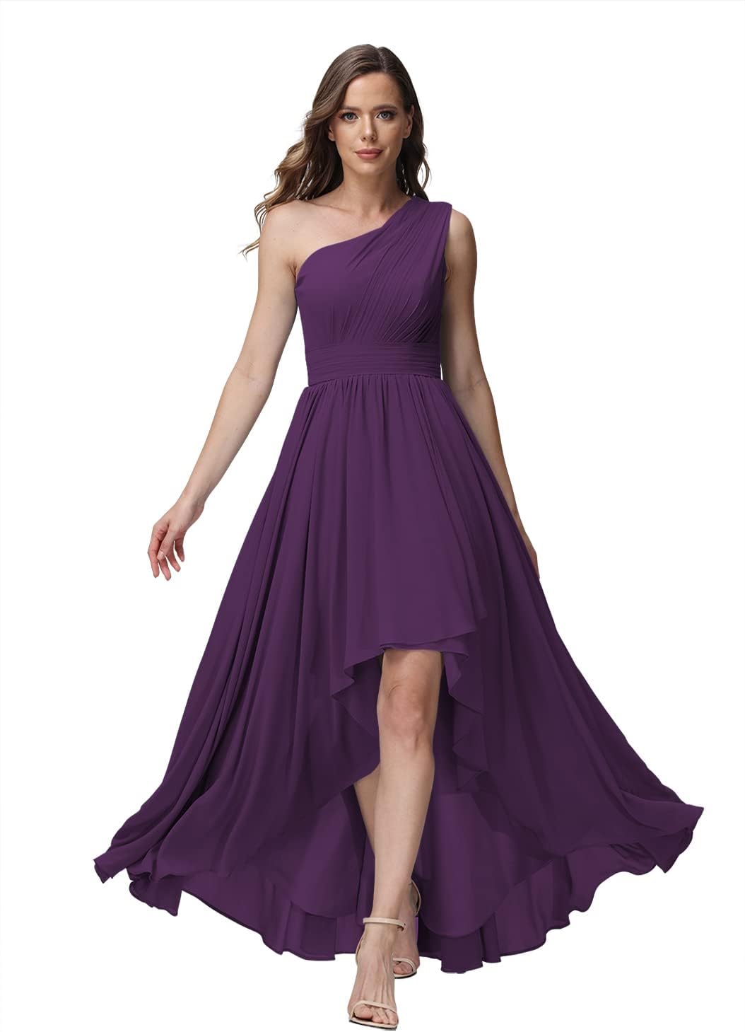 Vestido de dama de honor de un solo hombro para mujer, vestido formal de noche de gasa con bolsillos y corte alto bajo