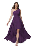Vestido de dama de honor de un solo hombro para mujer, vestido formal de noche de gasa con bolsillos y corte alto bajo