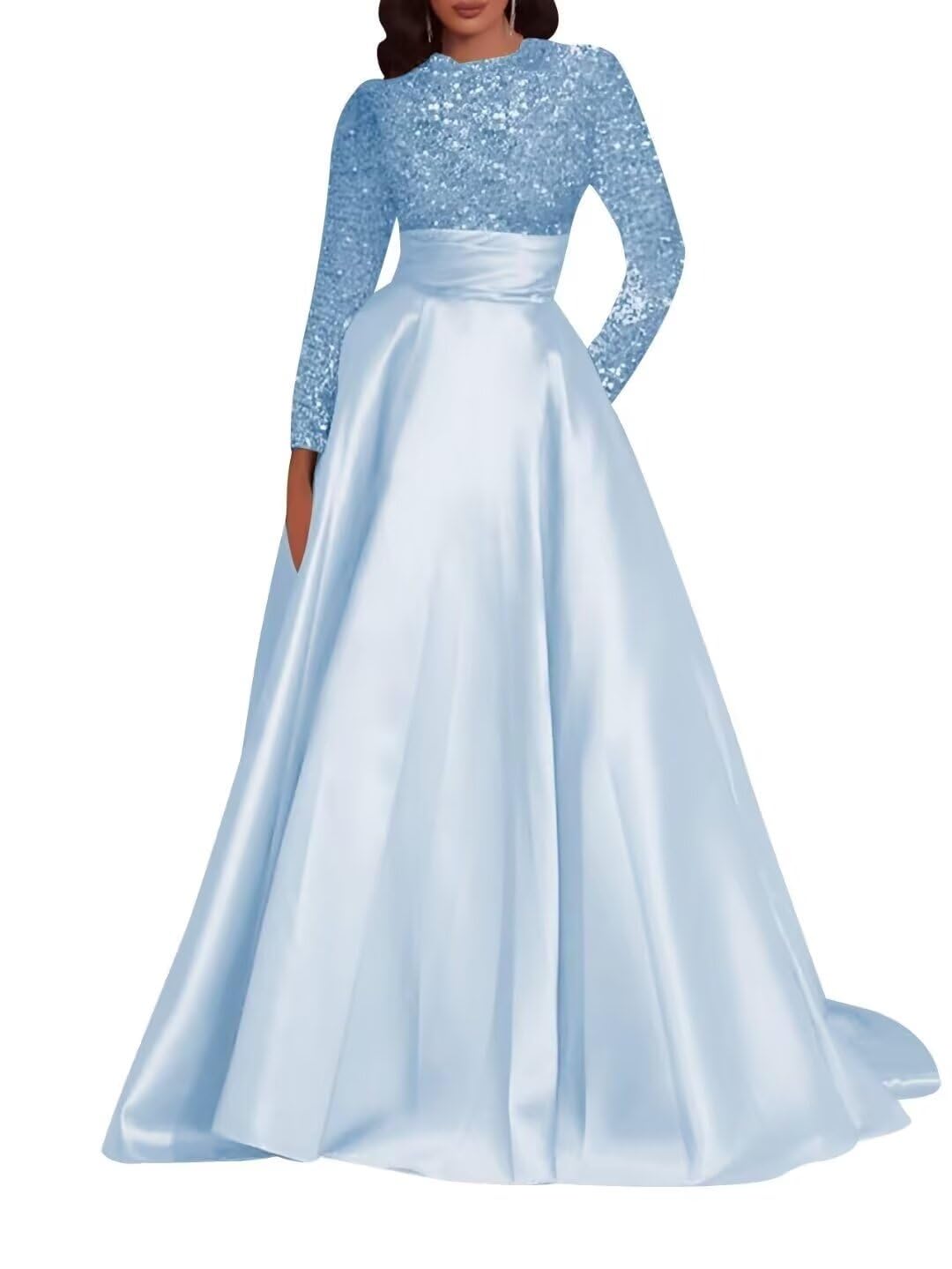 Kingbridal Gowns Long Sleeve Sequin Prom Dresses for Women Satin A-line Formal Dress 2026 Sparkly Evening Party Gowns with Pockets