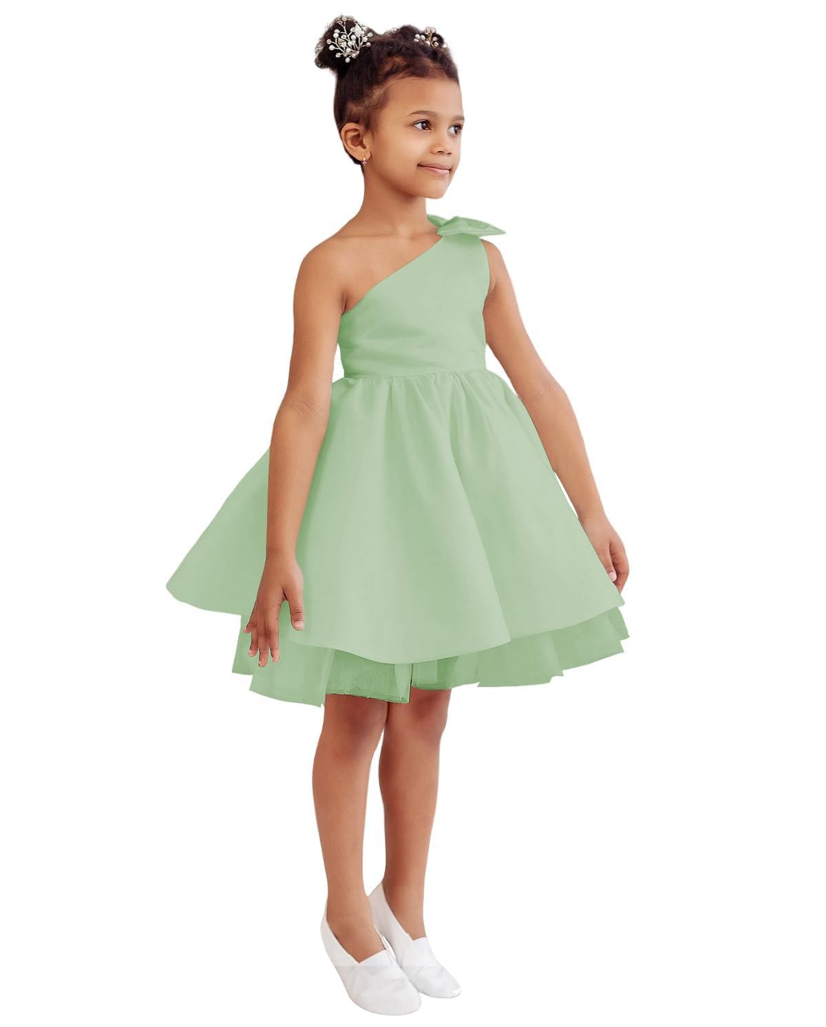 One Shoulder Flower Girl Dresses for Wedding Toddler Short Tutu Satin Tulle Girl Dress for Birthday Formal Party