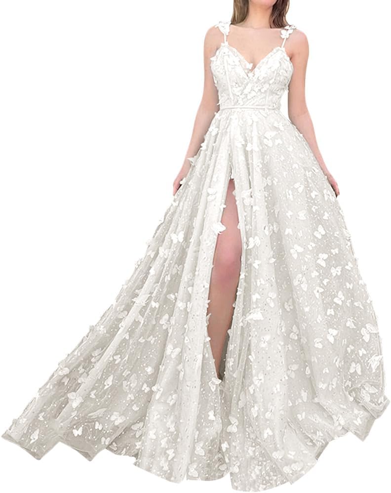 Sparkly Prom Dresses for Teens 2027 3D Butterfly Tulle Spaghetti Straps Long Slit Backless Party Gowns
