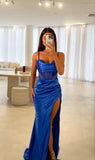 Ballkleider mit Wasserfallausschnitt, langen Spaghettiträgern, Illusion-Meerjungfrauen-Korsett, formelles Abendkleid mit Schlitz 