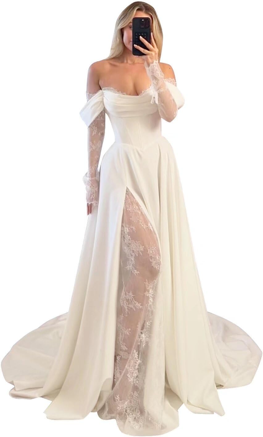 Off Shoulder Satin Wedding Dresses Lace Long Sleeve Prom Dresses Corset A-Line Ball Gowns with Slit