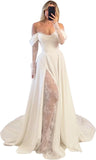 Off Shoulder Satin Wedding Dresses Lace Long Sleeve Prom Dresses Corset A-Line Ball Gowns with Slit