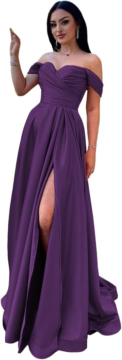 Schulterfreies Satin-Ballkleid, herzförmiger Ausschnitt, formelles Kleid, A-Linie, Abendkleid mit Schlitz 