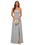 Square Neck Bridesmaid Dress Spaghetti Straps Chiffon Long Formal Dress for Women