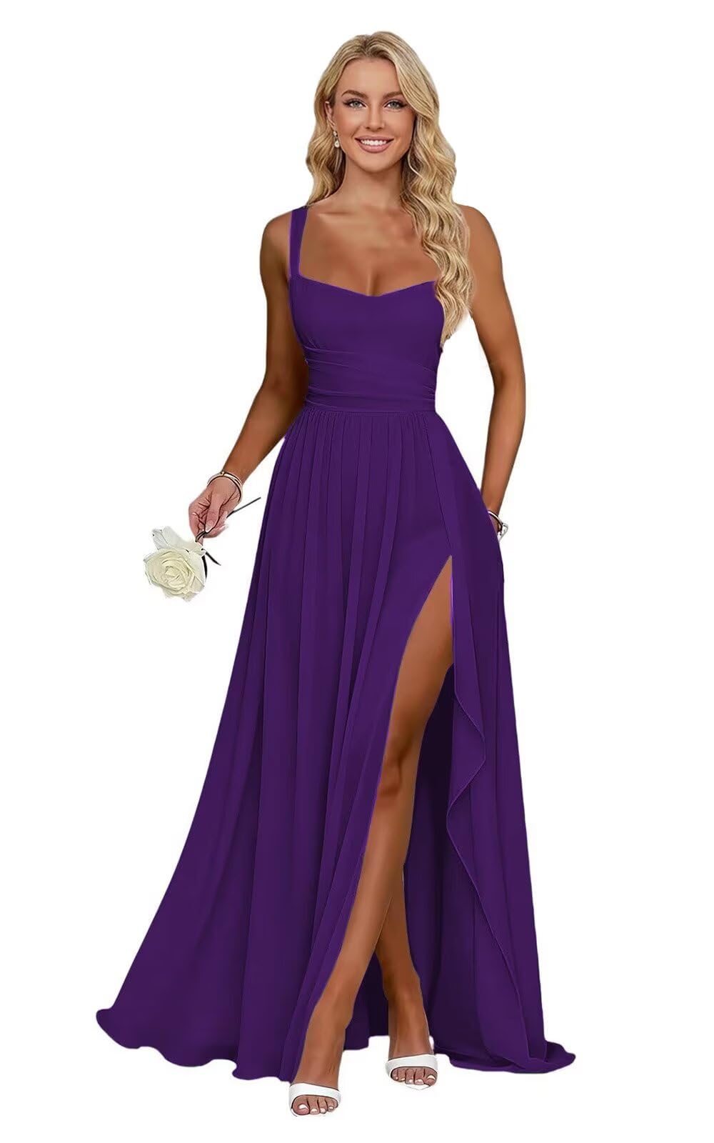 Ruffle Chiffon Bridesmaid Dress Long Square Neck Pleated Formal Gowns with Slit for Women Plus Size Spaghetti Straps Ruffles