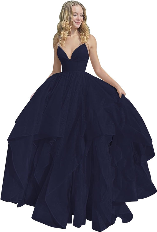 Damen Glitzerndes Tüll-Ballkleid 2023 Langes Ballkleid Spaghettiträger Quinceanera-Kleid