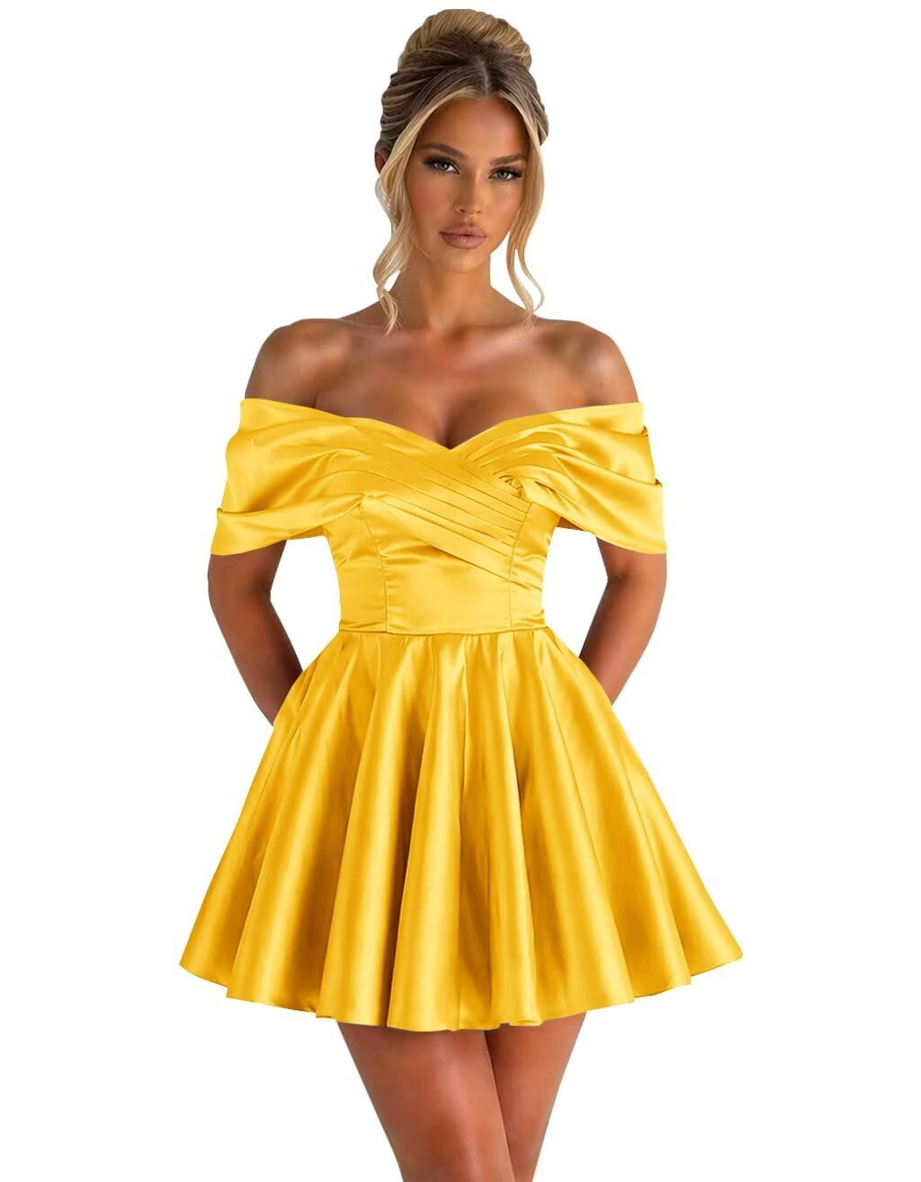 Off Shoulder Satin Homecoming Dresses for Teens 2026 Short Prom Dress A-line Pleated Cocktail Party Gowns