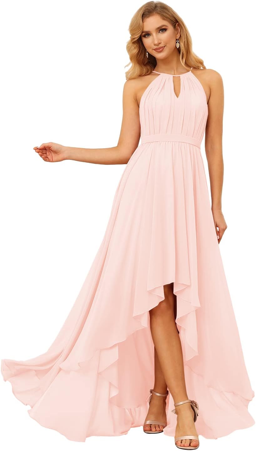Damen Neckholder Brautjungfernkleider Lang mit Taschen High-Low Falten Formelles Kleid für Hochzeit 
