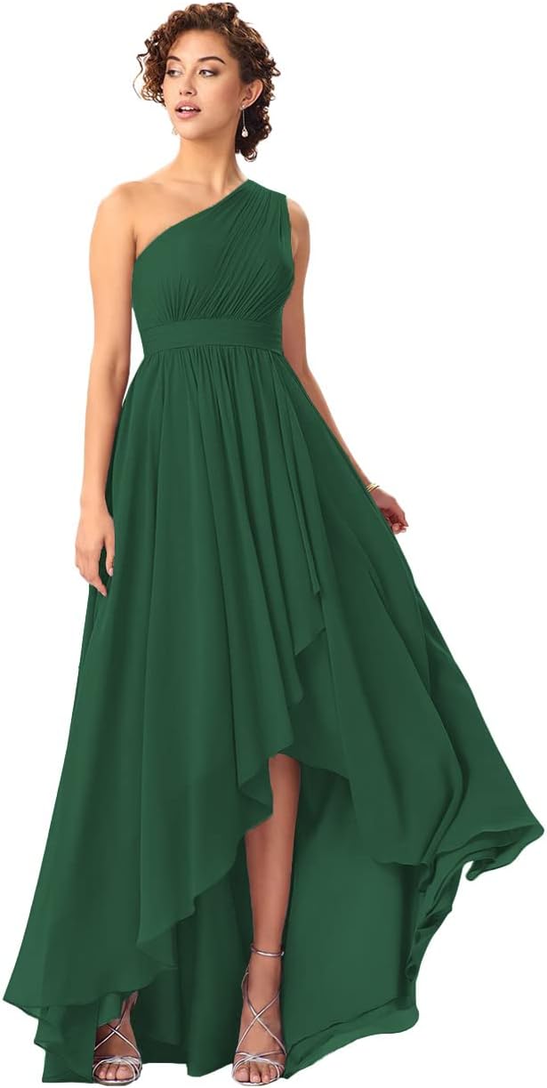 Women's One Shoulder Bridesmaid Dresses High Low Chiffon Formal Party Gowns with Pockets