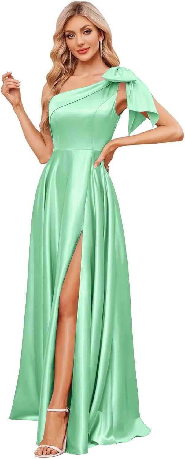One Shoulder Bridesmaid Dresses for Women 2027 Long Satin A-line Formal Evening Party Dress with Slit