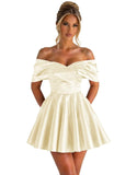 Off Shoulder Satin Homecoming Dresses for Teens 2026 Short Prom Dress A-line Pleated Cocktail Party Gowns