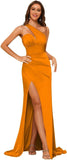 Women's One Shoulder Prom Dress 2025 Satin Long Ruched Mermaid Formal Dresses with Slit