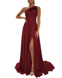 One Shoulder Chiffon Bridesmaid Dresses for Wedding 2026 Lace A-Line Slit Formal Evening Party Gown with Pockets