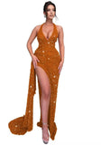 Sparkly Sequin Halter Prom Dresses for Women Mermaid Formal Dress with Slit Backless Ruched Evening Party Gowns