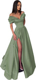 Women’s Off The Shoulder Prom Dresses with Slit Satin Ruched Long Formal Evening Gowns