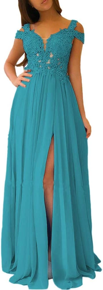Women's Lace Appliques Prom Dresses Long with Slit Cold Shoulder Formal Party Gown