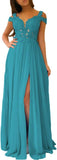 Women's Lace Appliques Prom Dresses Long with Slit Cold Shoulder Formal Party Gown