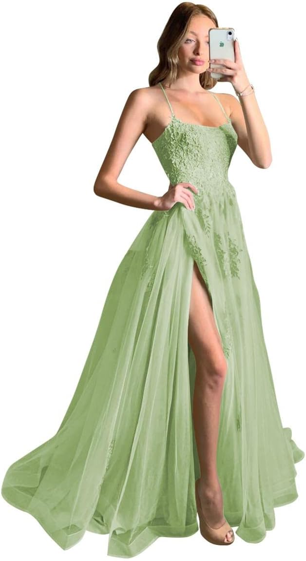 Women's Lace Criss-Cross Prom Dresses with Slit Spaghetti Straps Long Formal Evening Gowns