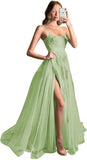 Women's Lace Criss-Cross Prom Dresses with Slit Spaghetti Straps Long Formal Evening Gowns