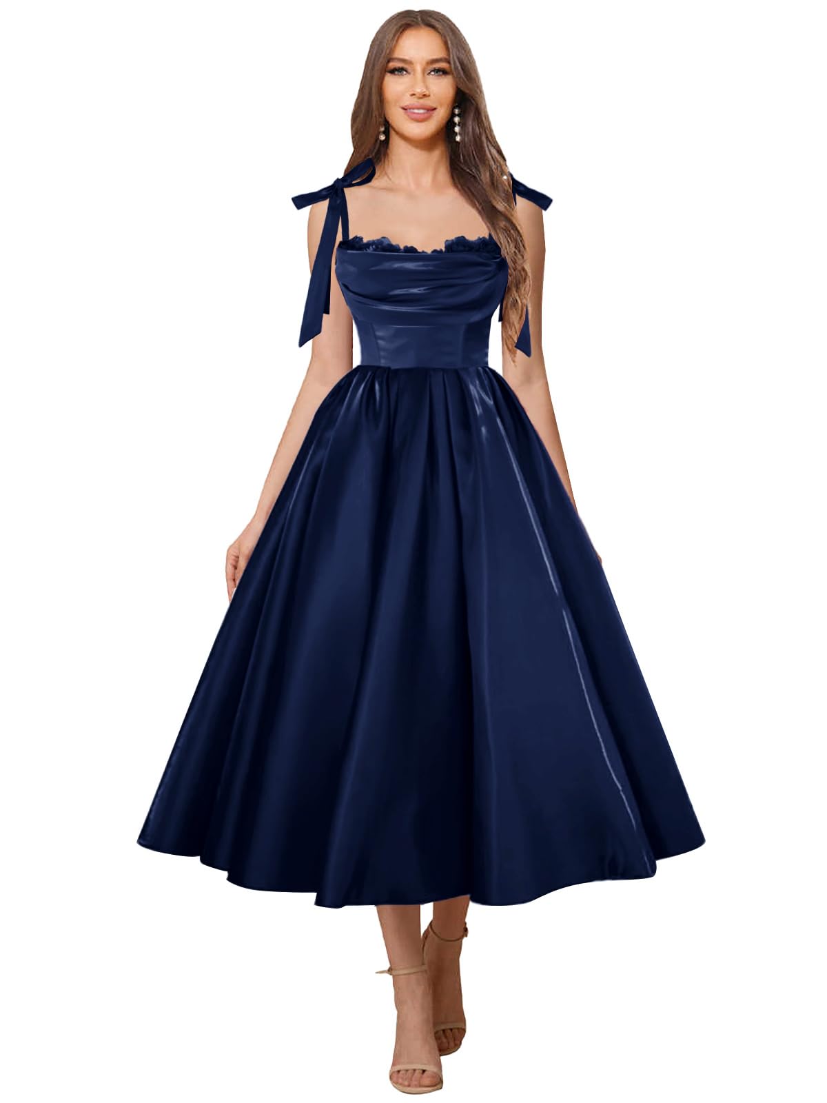 Satin Prom Dresses for Women Spaghetti Straps Corset A-Line Ball Formal Gowns Tea Length with Pockets