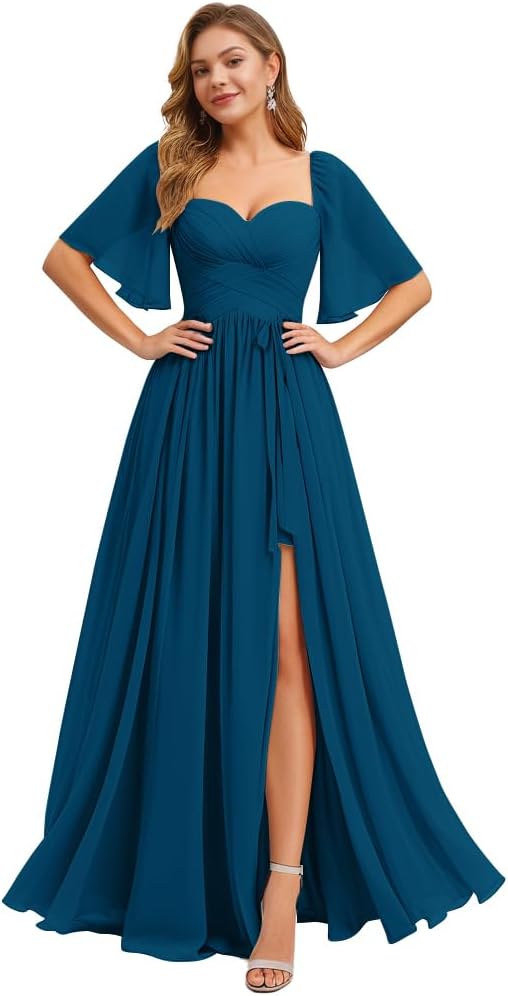 Women's Chiffon Bridesmaid Dresses for Wedding Flutter Sleeves Ruched A Line Long Formal Dress with Slit
