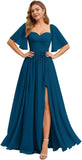 Women's Chiffon Bridesmaid Dresses for Wedding Flutter Sleeves Ruched A Line Long Formal Dress with Slit