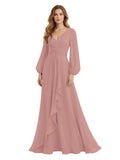 Women's Chiffon Bridesmaid Dresses Long Sleeve Ruffles V-Neck Pleated Formal Wedding Guest Dresses Mother of the bride Dress