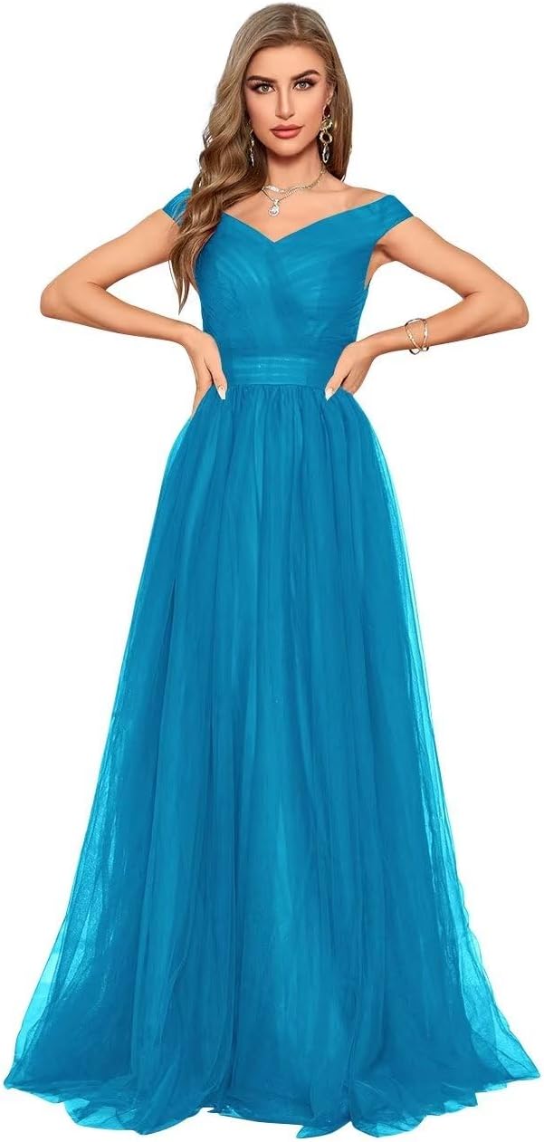 Schulterfreies Ballkleid, langes Ballkleid für Damen, A-Linie, Herzausschnitt, mehrlagiges Tüllkleid für Hochzeit, Abendparty 