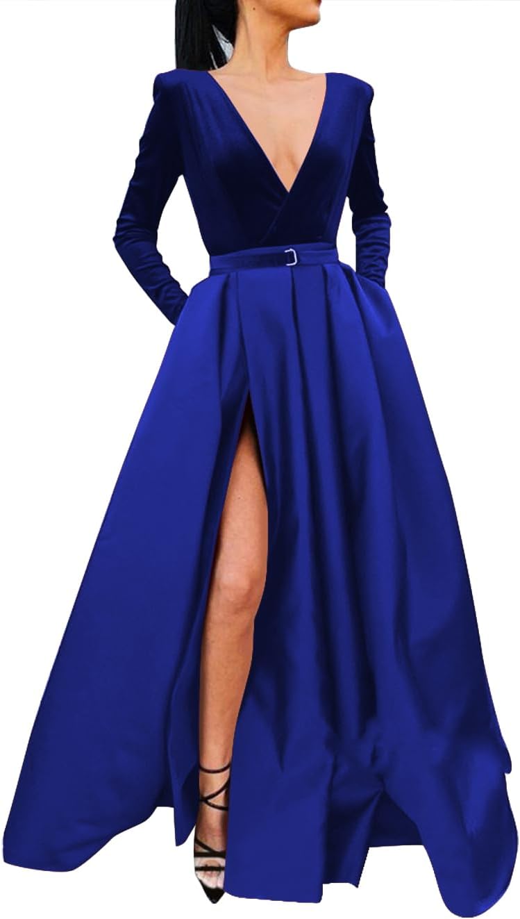 Vestido de fiesta de satén con lentejuelas brillantes para mujer, con bolsillos, manga larga y abertura. 