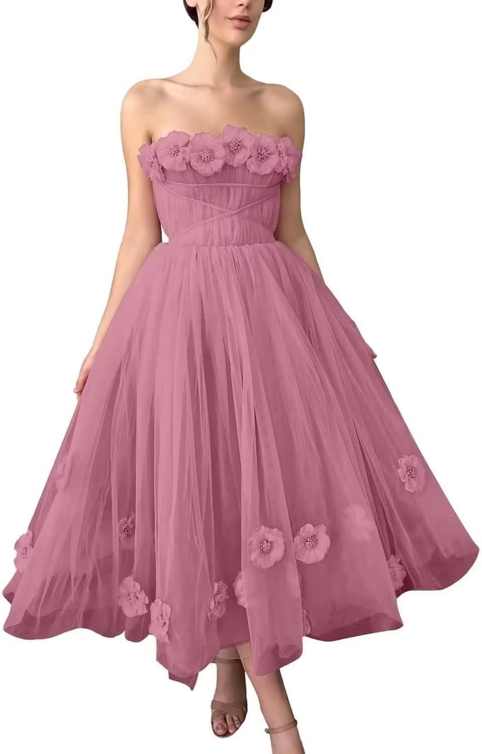 Women's 3D Flower Off Shoulder Tea Length Whimsical Prom Dress, A Line Strapless Tulle Formal Evening Party Gown