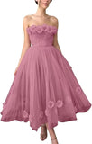 Women's 3D Flower Off Shoulder Tea Length Whimsical Prom Dress, A Line Strapless Tulle Formal Evening Party Gown