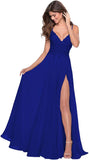 Women's Lace Appliqued Chiffon Prom Dresses Long with Slit Spaghetti Straps V Neck Formal Party Gowns
