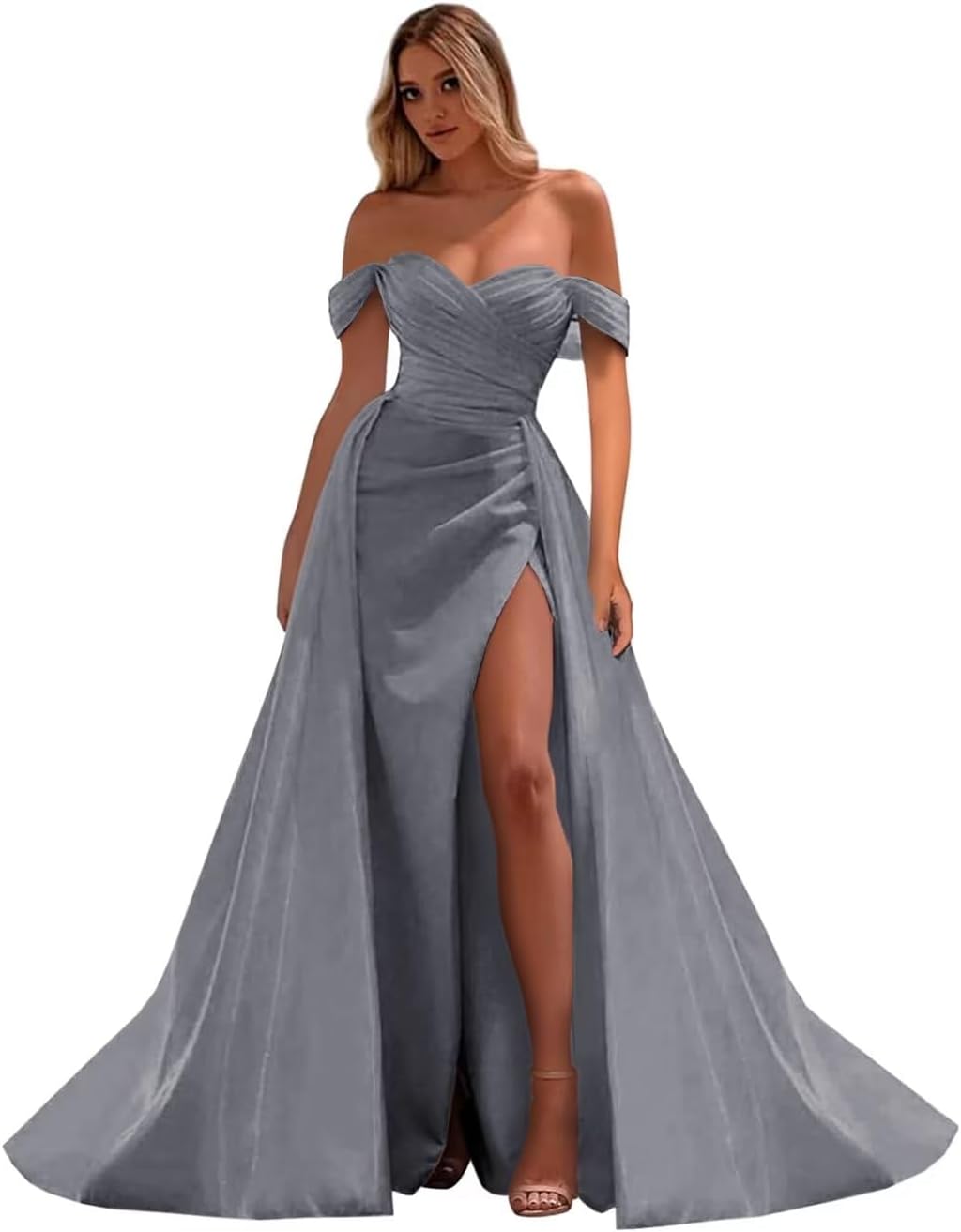 Vestidos de fiesta de satén con hombros descubiertos, corte sirena, fruncido, de noche formal, para mujer 