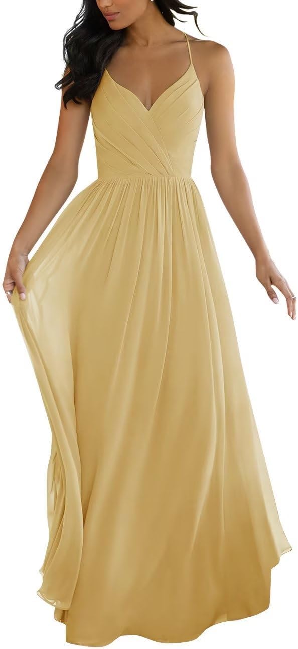 V Neck Bridesmaid Dresses for Women 2025 Long Chiffon Pleated A-line Spaghetti Strap Wedding Evening Prom Gown