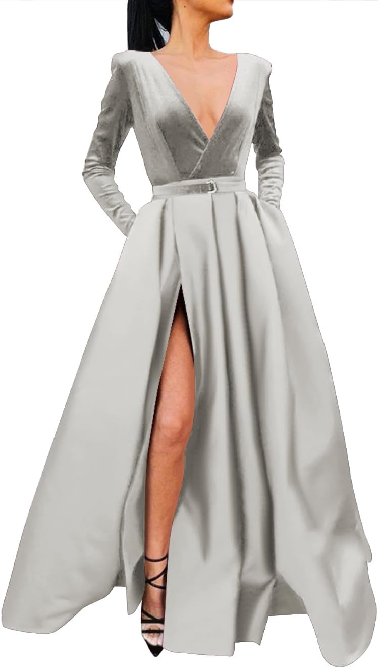 Vestido de fiesta de satén con lentejuelas brillantes para mujer, con bolsillos, manga larga y abertura. 